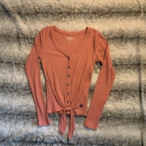 Juniors Hollister Ribbed Button-Up Long Sleeve Knot Shirt